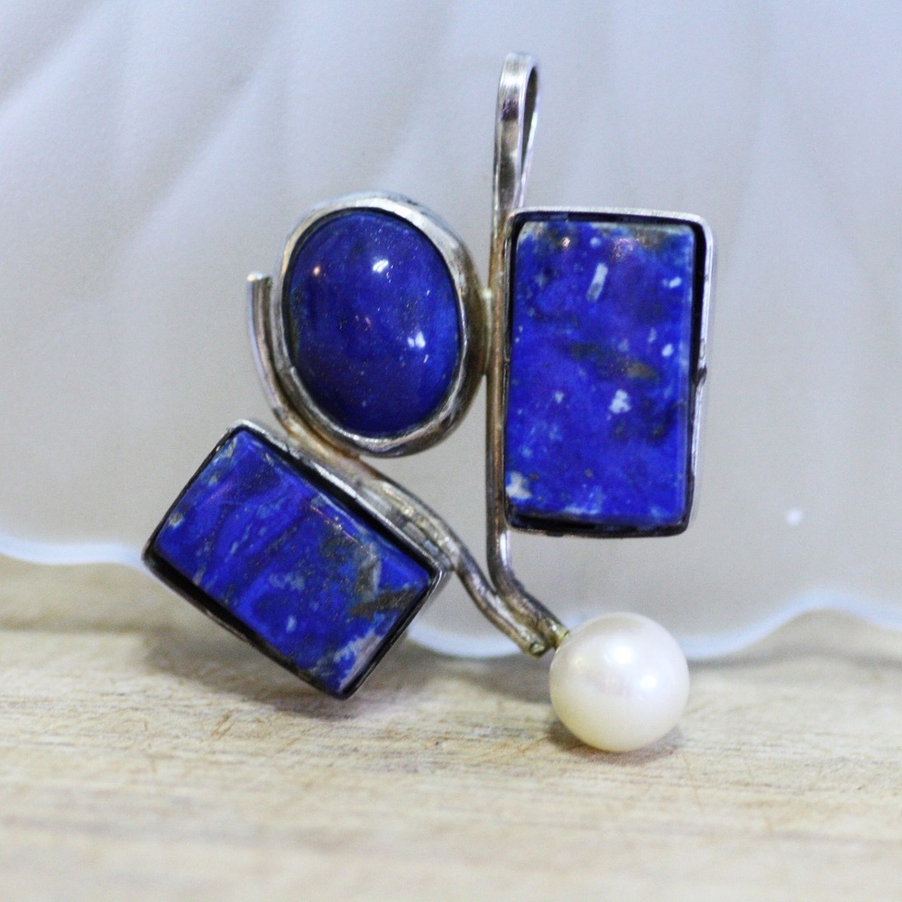 Large Natural Blue Lapis Lazuli and Japanese Pearl Pendant in Sterling Silver